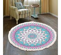 MODRYER Tapis Rond Bohème À Pompons - Tapis Rond Doux en Imitation Coton Et Lin À Poils Courts, Antidérapant Et Lavable, Motif Géométrique Ethnique pour Salon Chambre Entrée Ou Chambre,60cm/23.6in-N