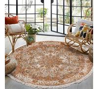MODRYER Tapis Rond Bohème Lavable Et Antidérapant en Imitation Coton Et Lin avec Pompons, Tapis Géométrique pour Salon Chambre Entrée Décoration De Style Campagnard, 90cm/35.4in-O