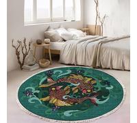 MODRYER Tapis Rond Décoratif De Style Champêtre, Antidérapant, Imprimé, avec Pompons, Idéal pour La Salle À Manger, La Chambre d'enfant, L'entrée Ou Une Décoration Bohème,60cm/23.6in-Q