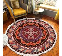 MODRYER Tapis Rond Décoratif Doux en Imitation Coton Et Lin, Style Bohème Lavable Antidérapant À Pompons, Idéal pour Le Salon La Salle À Manger La Chambre d'enfant Ou Le Bureau, 80cm/31.5in-B