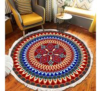 MODRYER Tapis Rond Style Bohème Champêtre À Motifs Floraux, Lavable avec Pompons Antidérapant en Imitation Coton Et Lin, Idéal pour Chambre Salon Cuisine Ou Entrée, 90cm/35.4in-O