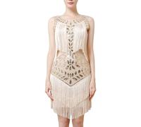 MODSGUE 1920S Robe à paillettes pour femme sans manches à thème Gatsby, robe de cocktail, de soirée, robe à franges, longueur genou, costume de cocotail Charleston, beige, M