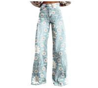 MODSGUE Baggy Jeans Y2k Boho pour femme - Pantalon évasé des années 70 - Style hippie - Taille haute - Pantalon de loisirs - Pantalon évasé - Pantalon en denim - Jambes larges - Confortable, bleu