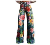 MODSGUE Baggy Jeans Y2k Boho pour femme - Pantalon évasé des années 70 - Style hippie - Taille haute - Pantalon de loisirs - Pantalon évasé - Pantalon en denim - Jambes larges - Confortable, vert