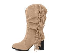 MODSGUE Bottes de cowboy en daim avec franges pour femme - Style bohème - Talon compensé - Bottes hautes au genou - Confortables - Boucle décontractée - Longue tige - Bottes montantes pour femme