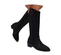 MODSGUE Bottes de cowboy pour femme - Bottes d'hiver en daim à bout pointu - Bottes de cowgirl brodées Boho à enfiler - Talon épais - Bottes western, Noir , 43 EU