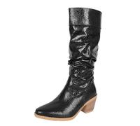 MODSGUE Bottes hautes pour femme, rétro, tendance, élégantes, en cuir, fête, bottes, talon large, sans lacets pour l'hiver, confortables, tige large, chaussures originales, Noir , 42