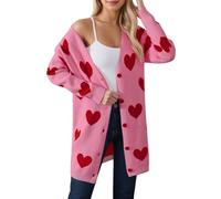 MODSGUE Cardigan en tricot pour femme avec joli motif de cœur, col en V, vêtement d'extérieur confortable, élégant, côtelé, ouvert sur le devant, pull pour la Saint-Valentin avec poches, Rose, M