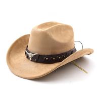 MODSGUE Chapeau de cowboy marron pour femme, chapeau pour homme, chapeau de cowboy avec bande en cuir, fête à thème, sortie de bain avec application tête de taureau et bande réglable, kaki, taille