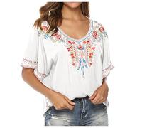 MODSGUE Chemisier brodé hippie vêtements femmes années 70 80 vêtements bohémien folklore brodé confortable tunique manches 3/4 élégant hauts, Blanc., XL