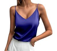 MODSGUE Débardeur en satin pour femme - Caraco en soie - Bretelles spaghetti - Col en V - Débardeur basique - Sangle réglable - Spaghetti - Ventre nu, bleu, XL