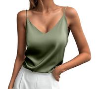 MODSGUE Débardeur en satin pour femme - Caraco en soie - Bretelles spaghetti - Col en V - Débardeur basique - Sangle réglable - Spaghetti - Ventre nu, Vert armée., XL