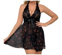 MODSGUE Femmes Sexy Dentelle Nuisette Cœur Rouge Nuisette Lingerie Col V Vêtements de Nuit Sous-vêtements Lingerie Chemise de Nuit Ouverte Avant Maille Robe à Ourlet Irrégulier, Noir , XL