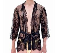 MODSGUE Lingerie Hommes Peignoirs Kimono Lingerie Sexy Transparent Fleurs Dentelle Dos Nu Pyjama Grandes Tailles Sous-vêtements Robe de Nuit Discothèque Nuisette, Noir , taille unique