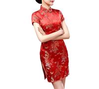 MODSGUE Qipao Vintage Dragon et Court Qipao Élégant Femmes Cheongsam Mandarin Col Sexy Mini Chinois Motif Dragon Tunique Robe Oversize, rouge, M