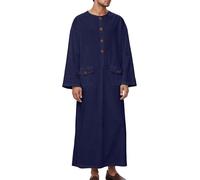 MODSGUE Robes musulmanes pour homme - Robe musulmane arabe moyen-Orient - Manches longues brodées - Col montant - Poche - Chemise longue - Vêtements de prière pour homme, bleu foncé, S