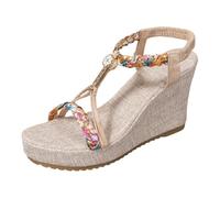 MODSGUE Sandales d'été plates pour femme - Style bohème - Avec strass et perles - Chaussures de plage - Chaussures orthopédiques tressées - Décontractées - Élastiques - Chaussures d'été, beige, 37 EU