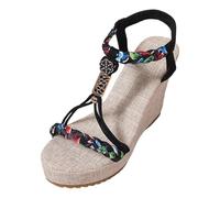 MODSGUE Sandales d'été plates pour femme - Style bohème - Avec strass et perles - Chaussures de plage - Chaussures orthopédiques tressées - Décontractées - Élastiques - Chaussures d'été, Noir , 39 EU