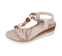 MODSGUE Sandales d'été plates pour femme - Style bohème - Avec strass et perles - Chaussures de plage - Sandales orthopédiques décontractées - Style bohème - Tongs élastiques, beige, 41 EU