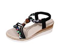 MODSGUE Sandales d'été plates pour femme - Style bohème - Avec strass et perles - Chaussures de plage - Sandales orthopédiques décontractées - Style bohème - Tongs élastiques, Noir , 42 EU