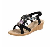 MODSGUE Sandales d'été plates pour femme - Style bohème - Avec strass et perles - Chaussures de plage - Tongs orthopédiques - Sandales de trekking, Noir , 39 EU