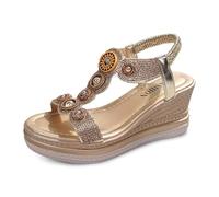 MODSGUE Sandales d'été pour femme avec strass et perles - Style bohème - Chaussures de loisirs - Confortables - Fines - Basiques - Plateforme - Tongs, or, 36 EU