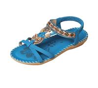 MODSGUE Sandales plates pour femme - Loisirs - Sandales plates avec strass et perles - Style bohème - Pour la plage et l'extérieur - Décontractées - Élastique - Strass, bleu, 40 EU