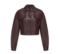 MODSGUE Veste courte en cuir synthétique pour femme - Style motard - Simple rangée - Avec col rabattu - Effet mouillé - Ventre nu - Confortable - Tenue de boîte de nuit - Streetwear, café, M