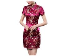 MODSGUE Veste Élgante Femmes Vintage Dragon et Qipao Court Cheongsam Mandarin Col Sexy Mini Robe Tunique Chinoise Motif Dragon Oversize, vin, L