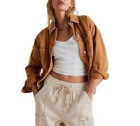 MODSGUE Veste en jean décontractée pour femme, surdimensionnée, manches longues, simple boutonnage, épaules superposées, ourlet déchiré, poche, veste en jean vintage mi-saison, marron, L