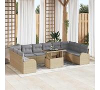 Modular Garden Sofa Set 11 PCS Outdoor Patio Furniture, Beige Light Grey Poly Rattan Sectional with Coffee Table, UV Resistant All Weather Wicker for Terrace Garden Balcony Lounge Relaxation