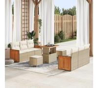 Modular Garden Sofa Set 11 PCS, Outdoor Patio Furniture with Table and Cushions, Beige Cream Poly Rattan Wicker Sectional Seating for Terrace, Backyard, Durable Weather-Resistant Acacia Wood Frame