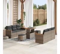 Modular Garden Sofa Set 11 PCS with Cushions, Grey Poly Rattan Outdoor Furniture for Patio Terrace, UV Resistant Waterproof All Weather Sectional Seating Group, Includes Acacia Wood Accents