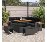 Modular Outdoor Sofa Set 9 Pieces with Cushions, Black Poly Rattan Garden Furniture Set for Patio, Terrace, Includes Storage, Waterproof Covers, UV Resistant, Durable Acacia Wood Coated Steel Frame