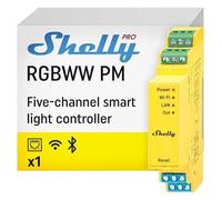 Shelly Pro RGBWW PM - Module contrôleur pour bandes LED, CCT, RGB colorées LAN, Wi-Fi, 5 canaux (6 A par canal, 12-24 VDC), sur rail DIN, avec Mesure consommation électrique