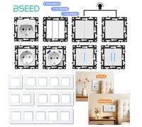 Modules d'interrupteurs BSEED 1/2/3 Gang 1/2/3 Voies Série E 86mm avec bouton-poussoir et voyant lumineux pour prises murales combinées DIY Double Frames Glass