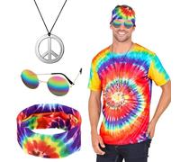 Modurio Deguisement Disco Femme Homme, Déguisement Hippie avec Lunettes, Collier de Paix, Bandeau Tie-Dye, Ensemble de Costume Hippie Années 80s 70s 60s - pour Cosplay Fête Carnaval Halloween