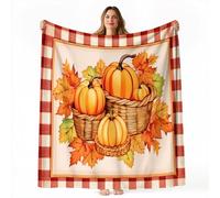 Moelleuse Couverture Polaire 100 x 130 cm, Chaude et Moelleuse Rétro Campagne Nature Citrouille Feuilles Couverture Imprimée pour Chaise Lit Sofa - Flanelle Plaid pour l'Automne l'Hiver Couleur Orange