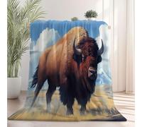 Moelleuse Plaid Polaire 180 x 200 cm, Chaude et Moelleuse Fantastique Prairie Animaux Bison Couverture Imprimée pour Chaise Lit Sofa Canapé - Flanelle Plaid pour l'Automne et l'hiver Bleu