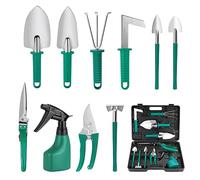 Moendergo Kit de Jardinage, 10 Pièces en Acier Inoxydable Outils de Jardinage avec Boîte de Rangement，Truelle, Râteau, et Pulvérisateur(Vert)