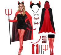 Moerstar 18 Pièces Deguisement Halloween Femme Diable, Costume Diablesse Femme avec Cape Corne Queue Fourchette Accessoires, Deguisement Demon pour Halloween Carnaval Cosplay
