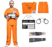 Moerstar Costume de prisonnier orange pour homme - Ensemble avec manches menottes - Numéro de tableau d'information - Prisonnier - Costume pour cosplay, carnaval, fête (M)