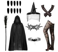 Moerstar Costume de sorcière noire d'Halloween pour femme - 17 pièces - Cape noire de luxe avec capuche - Avec chapeau de sorcière - Accessoires pour Halloween, carnaval, fête