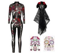 Moerstar Costume de squelette d'Halloween pour femme, combinaison avec crâne de roses, voile de rose, bandeau, tatouages, pour Halloween, carnaval, fête (taille M)