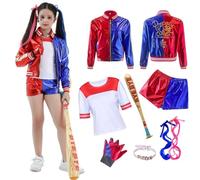 Moerstar Déguisement Carnaval Fille, Deguisement Clown Enfant Fille avec Veste T Shirt Perruque Pantalon Gants, Costume Joker Queen pour Carnaval Halloween Cosplay (120)