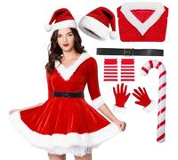 Moerstar Déguisement de Mère Noël pour Femme, Costume de Saint-Nicolas en Velours avec Ceinture, Chapeau, Gants, Chaussette, Robe de Mère Noël pour Femme pour la Fête de Noël (Rouge, XL)