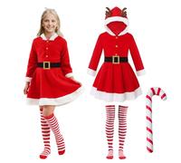 Moerstar Déguisement de Mère Noël pour Fille et Femme, Robe de Saint-Nicolas en Velours avec Ceinture, Robe de Mère Noël avec Capuche pour Noël, Déguisement de Fête, Cosplay (Fille, 150)