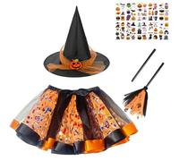 Moerstar Deguisement Halloween Fille Sorciere, Costume Sorciere Enfant avec Tutu Chapeau Balai, Déguisement Enfant Fille pour Halloween Carnaval Cosplay (Orange, L)