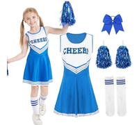 Moerstar Deguisement Pompom Girl Enfant, Deguisement Cheerleader Fille avec Pompons Chaussettes Nœud Papillon Cheveux, Costumeenfant Fille pour Carnaval Halloween Cosplay (Bleu, 120)