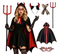 Moerstar Deguisiment Diable Femme, Cape Vampire Halloween à Capuche avec Corne Masque en Dentelle Fourchette Diable, Costume Diablesse Femme pour Halloween Carnaval